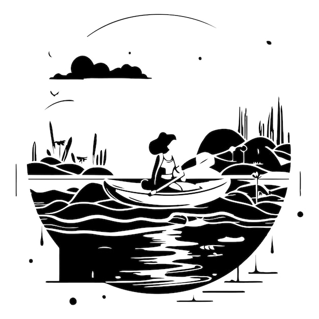 Woman in a canoe on the sea in flat style