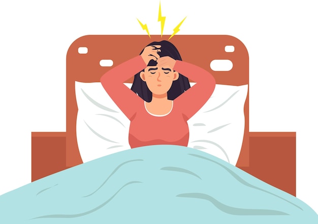 ベクトル 女性は片頭痛のため眠れない ひどい頭痛を引き起こす ベクトルイラスト