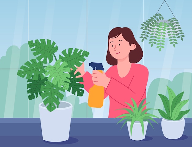 Woman Caring Houseplants Flat Illustration