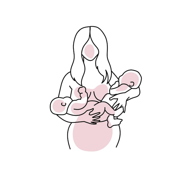 Woman carries two newborn babies line art vector