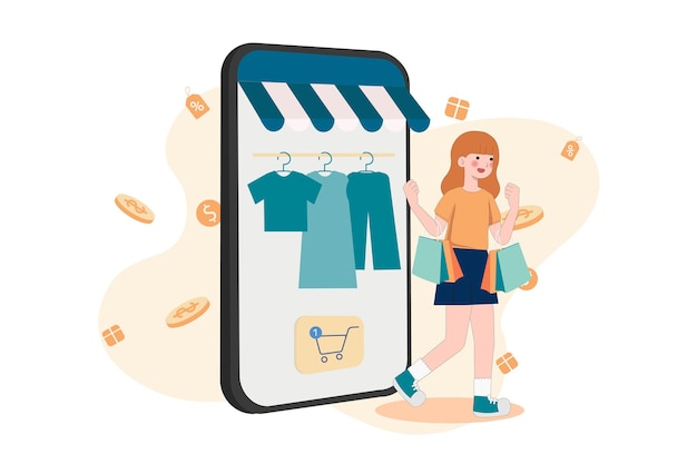 オンラインショッピング ショッピングバッグ ネットショッピング 人々がオンラインショップでファッション服を買う 人々がインターネット上で買い物する 人々がネット上でショッピングする ネット上で売る フラットベクトルイラスト