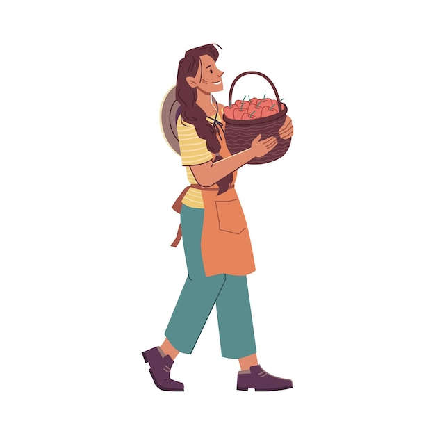 Vector woman carrying basket of ripe apples