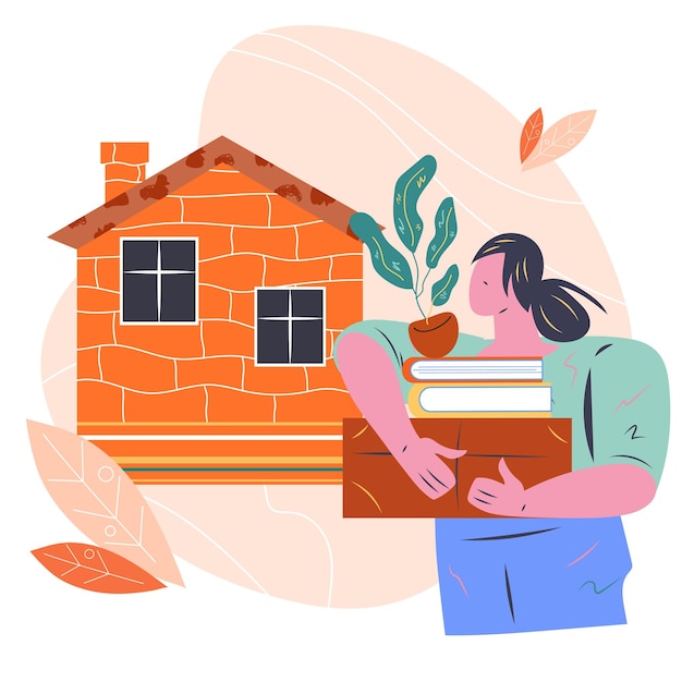 woman carrying belongings to new house flat cartoon style flat vector isolated