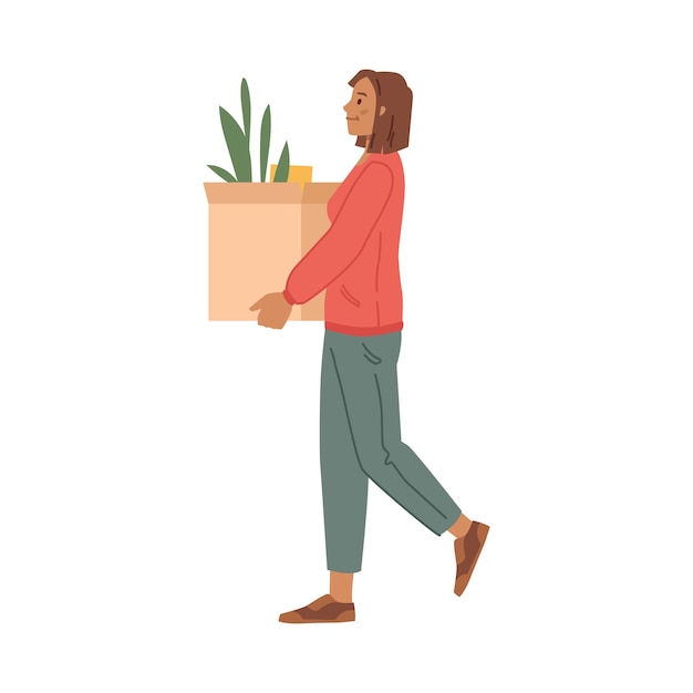 Woman carrying box with things and plants