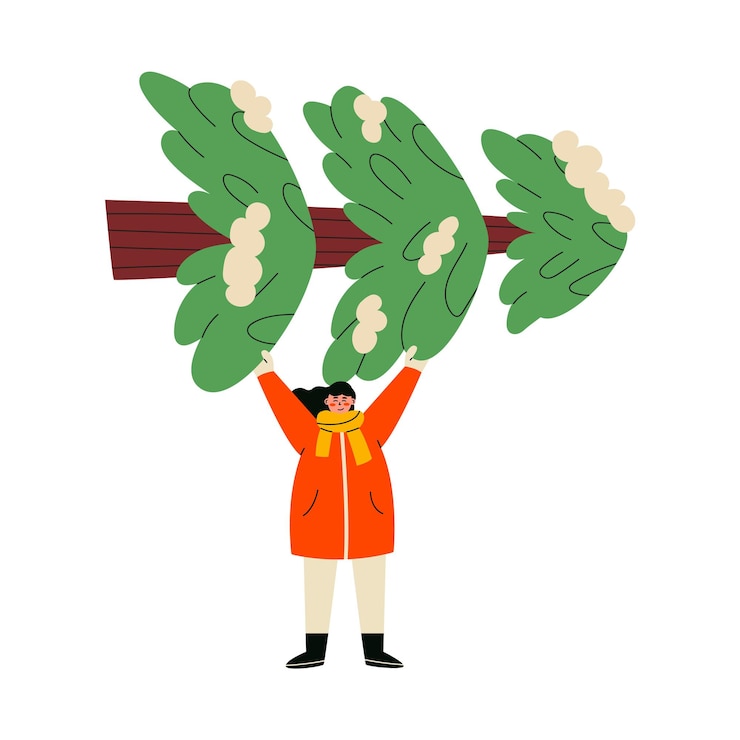 Vector woman carrying a christmas tree
