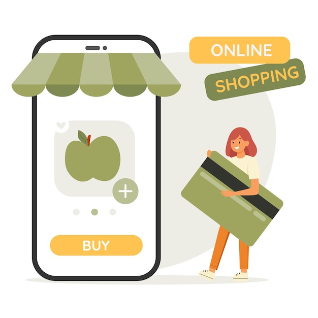 Woman carrying huge bank card Online shopping concept Order grocery Flat vector illustrationxD