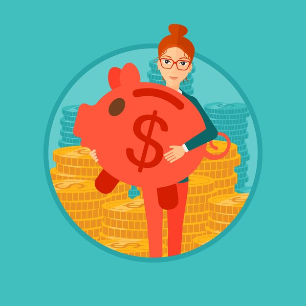 Woman carrying piggy bank.