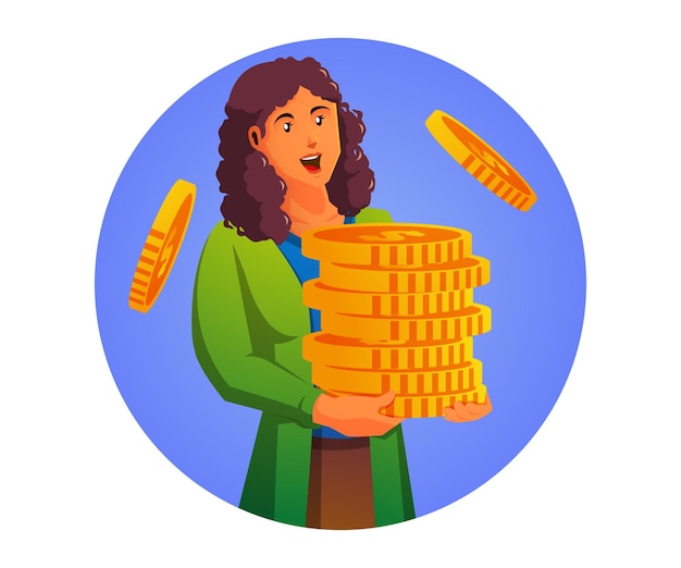 a woman carrying a pile of dollar coins