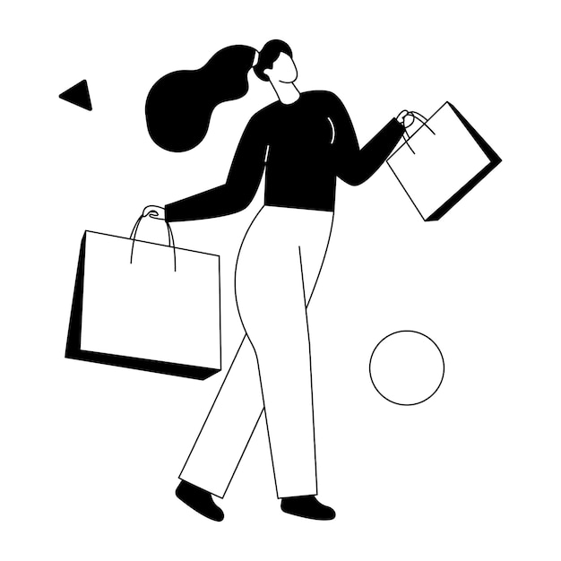 A woman carrying shopping bags is walking with a black line drawing of a woman carrying shopping bags.