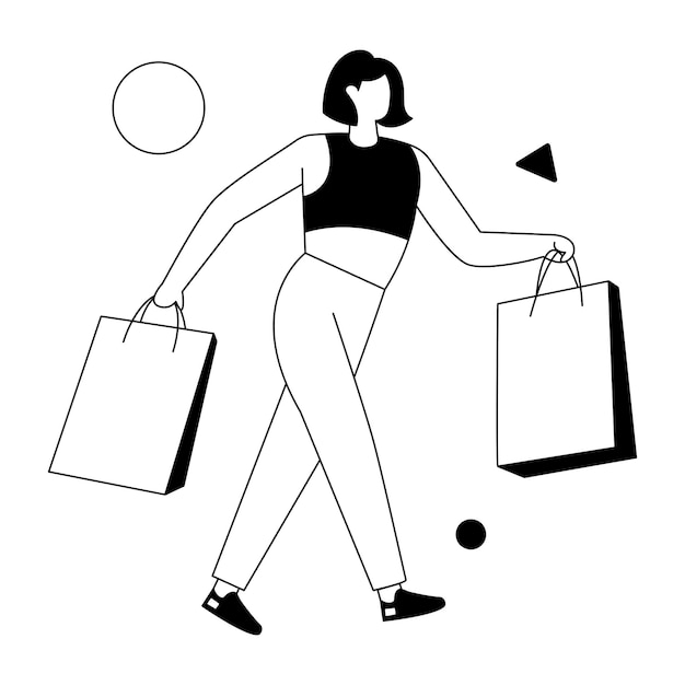 A woman carrying shopping bags is walking with one hand in the air.