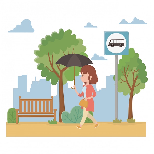 Woman cartoon and bus stop design