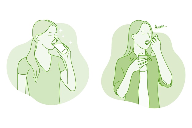 Вектор Женщина мультипликационный персонаж пьет чистую воду и ест сбалансированное питание