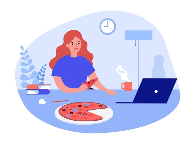 Woman cartoon character eating pizza working on computer. Busy girl studying online on laptop having Italian fast food at home. Delivery service concept. Flat vector illustration.