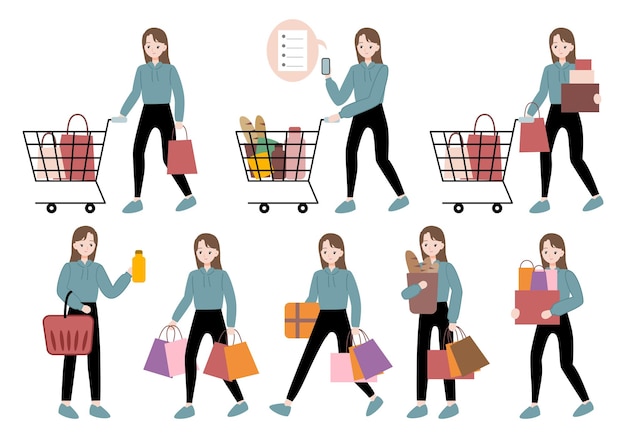 woman cartoon character grocery shopping vector flat