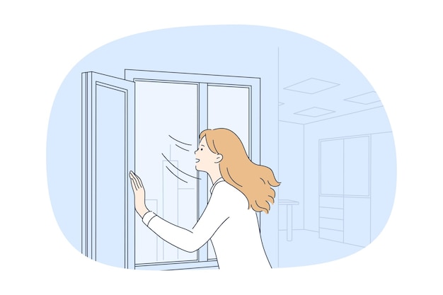 woman cartoon character opening window at home and breathing air