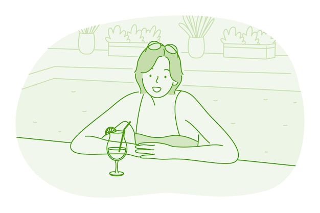 Woman cartoon character relaxing in swimming pool with cocktail