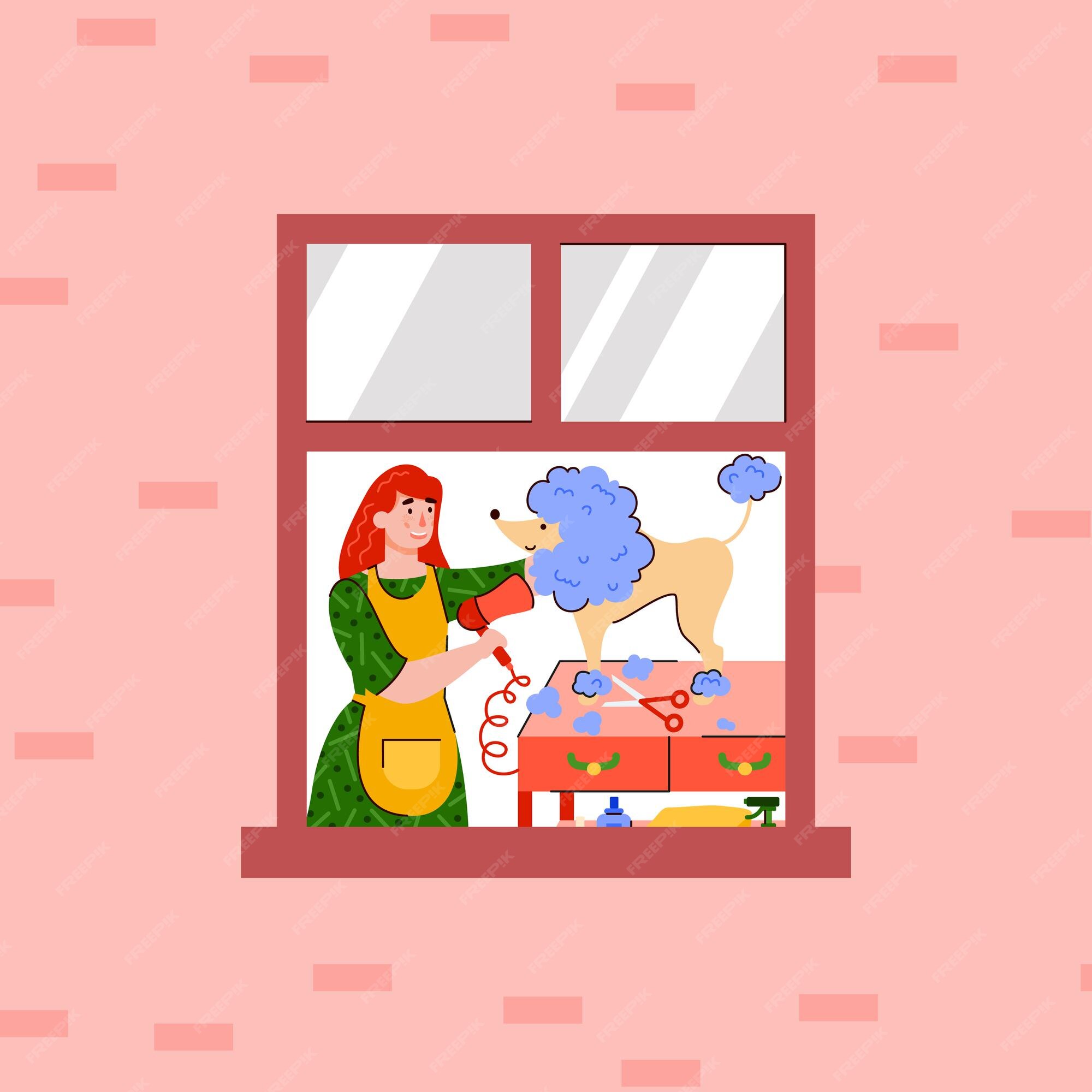 Premium Vector | Woman cartoon character takes care of her pet dog at home,  flat vector illustration. cartoon characters of young girl and dog in  window frame of building.