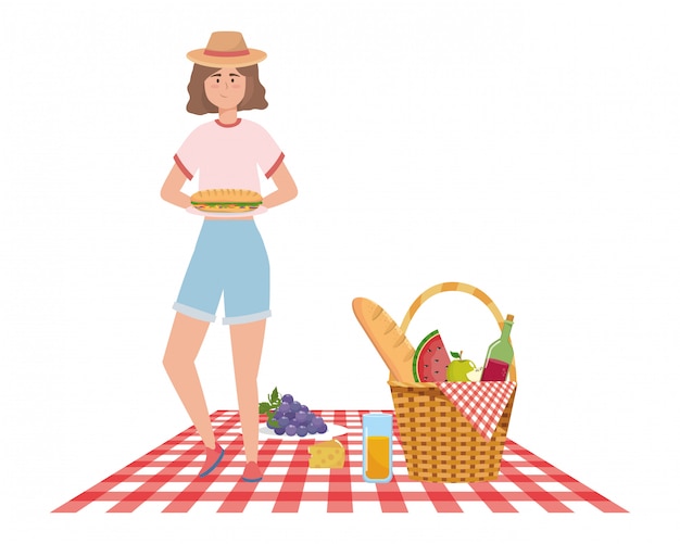 Vector woman cartoon having picnic