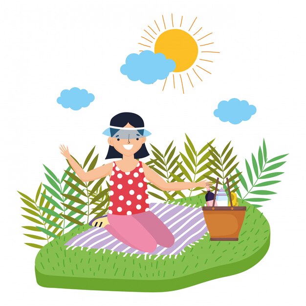 Woman cartoon having picnic