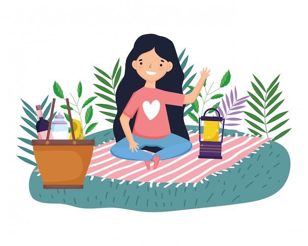 Vector woman cartoon having picnic