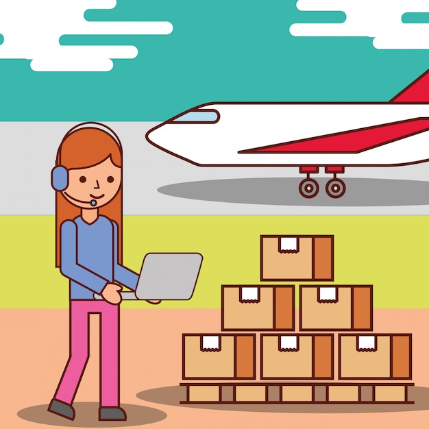 Woman cartoon operator logistic cardboard boxes and plane transport