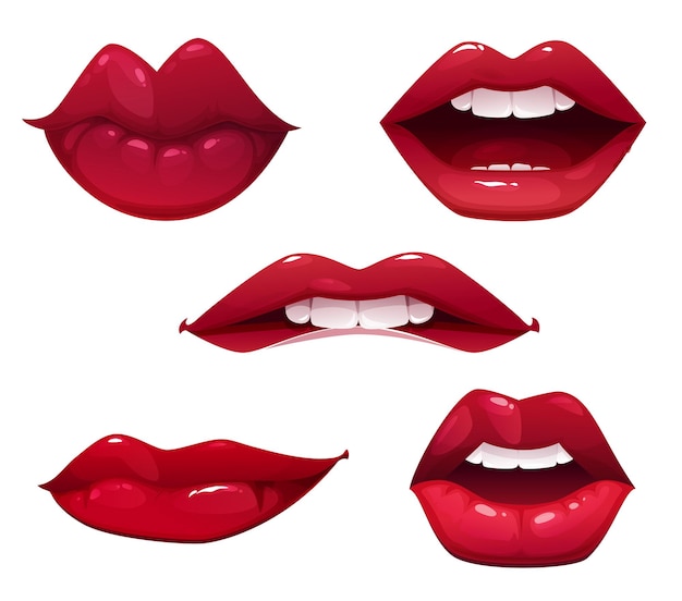 Woman cartoon sexy lips, mouths with red lipstick