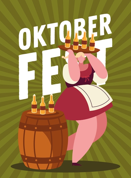 Fumetto della donna con le bottiglie di birra sul design del barilotto, festival tedesco dell'oktoberfest e tema di celebrazione