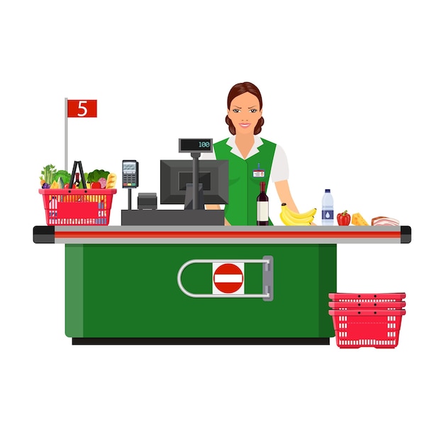 Vector woman cashier smiles buyer near the cash register