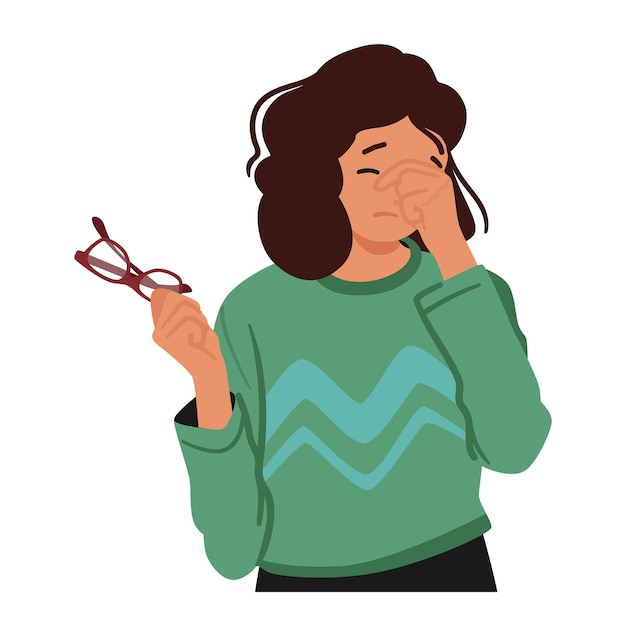 Vector woman in casual attire holds glasses in one hand while rubbing her tired eyes with the other portraying fatigue or eye strain female character with vision problem cartoon people vector illustration