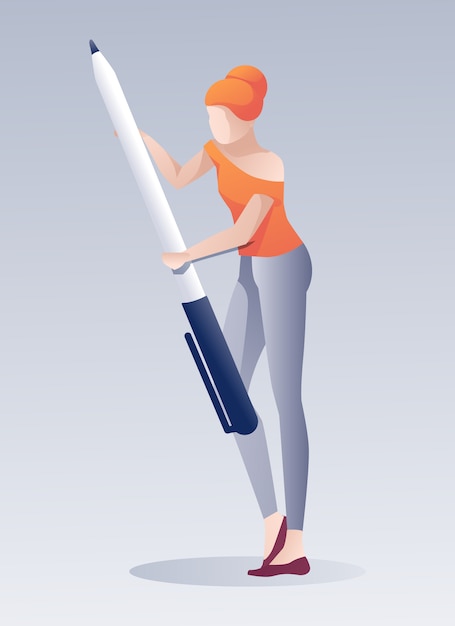 Vector woman in casual clothes holding huge pen