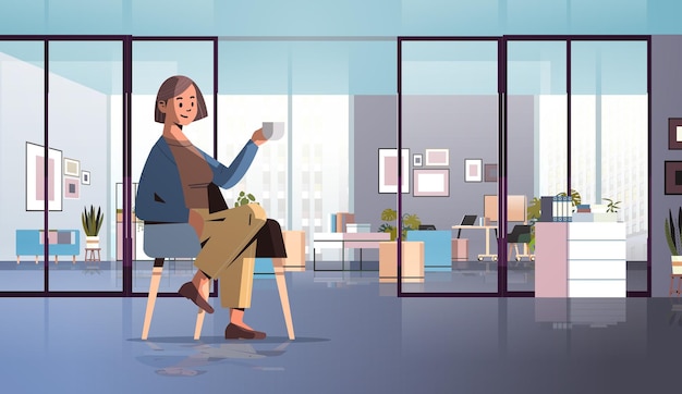 Vector woman in casual clothes sitting on chair and drinking coffee businesswoman relaxing in armchair office interior horizontal full length vector illustration