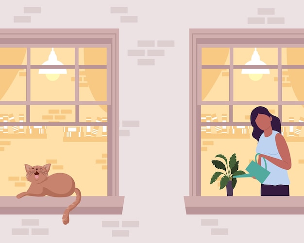 Woman and cat in windows