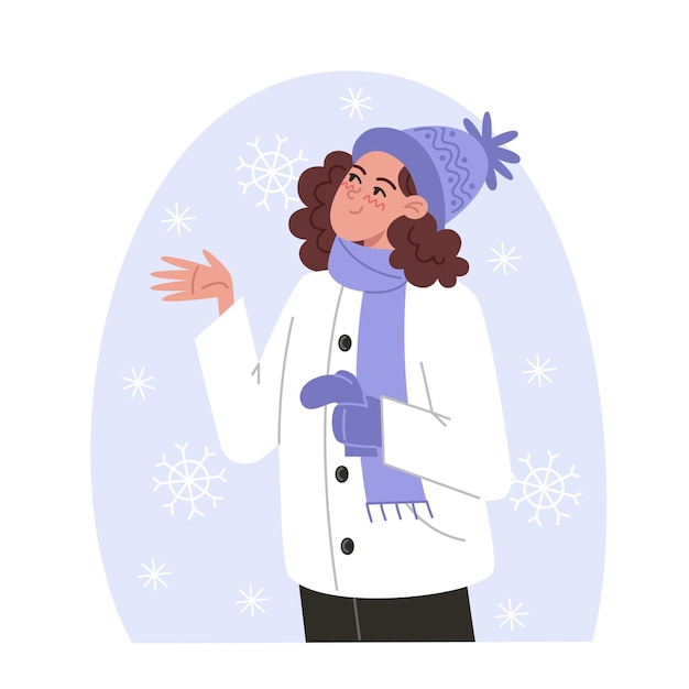 Vector woman catches snowflakes with her hand in winter flat style illustration