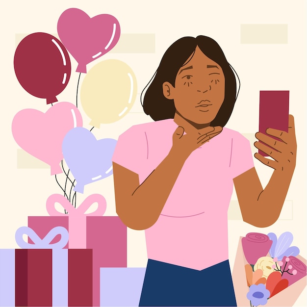 Vector woman celebrate valentines gifts long distance in flat illustration