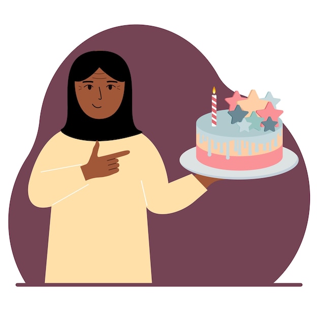 Vector a woman celebrates a birthday or some event a woman with a birthday cake with a candle