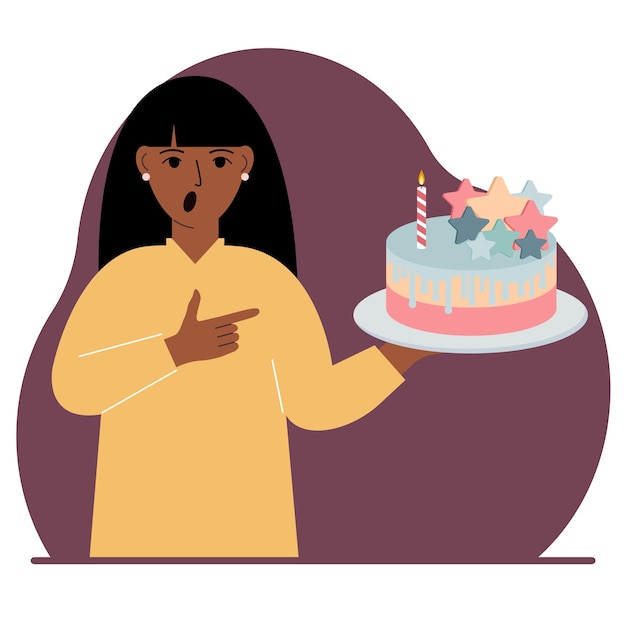 Женщина празднует день рождения или какое-то событие Женщина с праздничным тортом со свечой