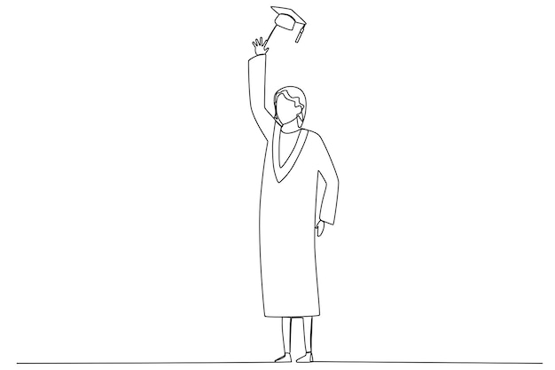 A woman celebrates his graduation by throwing a cap Graduation on line drawing