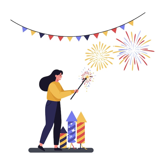 Woman celebrating with fireworks and festive decorations in a vibrant outdoor setting