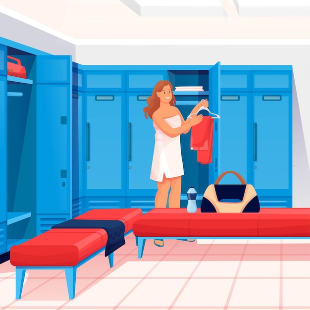 Woman changing clothes in locker room scene dressing for fitness and sport exercise in gym young girl with bag in private room with lockers benches