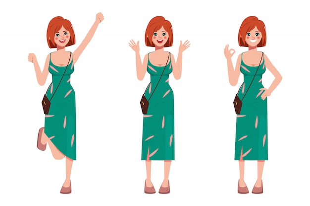 Vector woman character animated with emotions face.