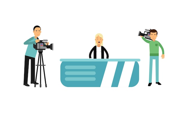 스튜디오 TV 방송 및 카메라맨 터 일러스트레이션 세트에서 저널리스트 또는 뉴스 리포터로 여성 캐릭터