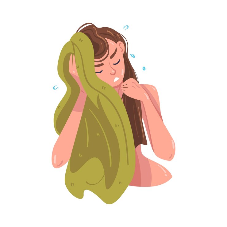 Vector 화장실에서 위생 절차를 수행하는 여성 캐릭터 수건으로 은 머리카락을 건조하는 터 일러스트레이션