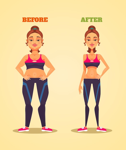 Woman character before and after losing weight flat cartoon illustration