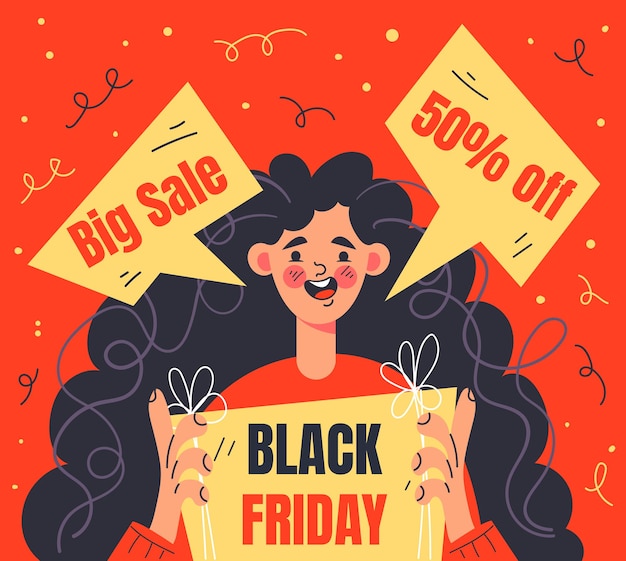 Woman character consumer holding gift box black Friday design element card vector flat graphic