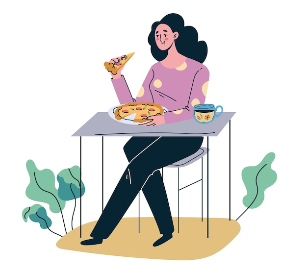 Vettore carattere della donna che mangia pizza all'illustrazione di progettazione grafica del caffè