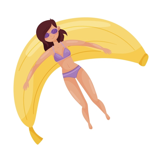 Woman character floating on rubber inflatable raft of banana shape in swimming pool vector