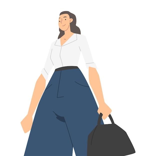 woman character in formal suit standing with briefcase and smiling perspective view vector illustration