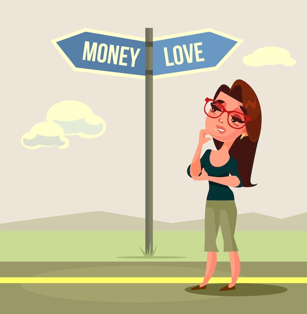 Woman character making choice love or money.  flat cartoon illustration