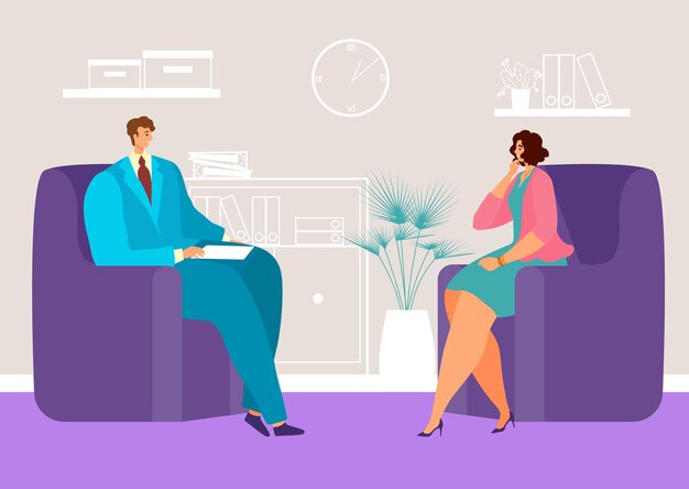 Woman character mental problem patient reception psychotherapy doctor man concept flat vector