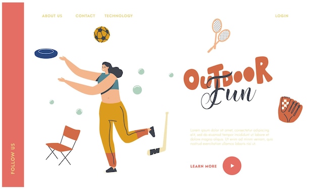 Vector woman character outdoor activity landing page template. happy woman playing in park throw flying plate. summer vacation and spare time